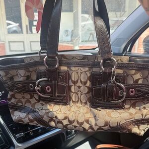 Coach Brown Signature Canvas Shoulder Bag with Dark Chocolate Trim